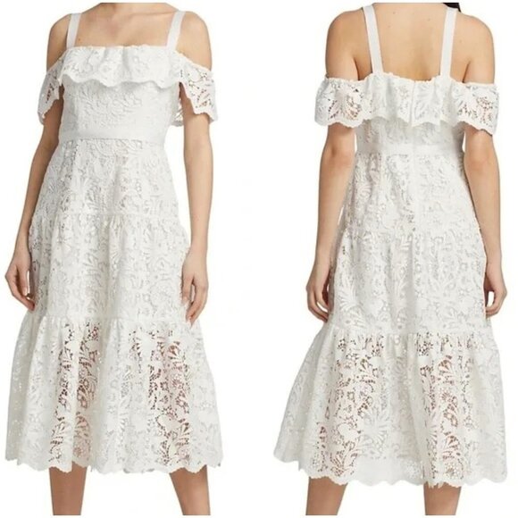 NEW Marchesa Notte White Off Shoulder Guipure Lace Midi Dress $515 - Picture 1 of 16